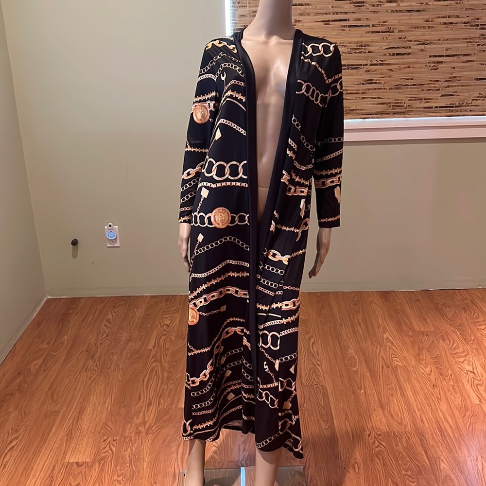 Black With Gold Chain Design Duster With Hair Tie In Matching Print Size M